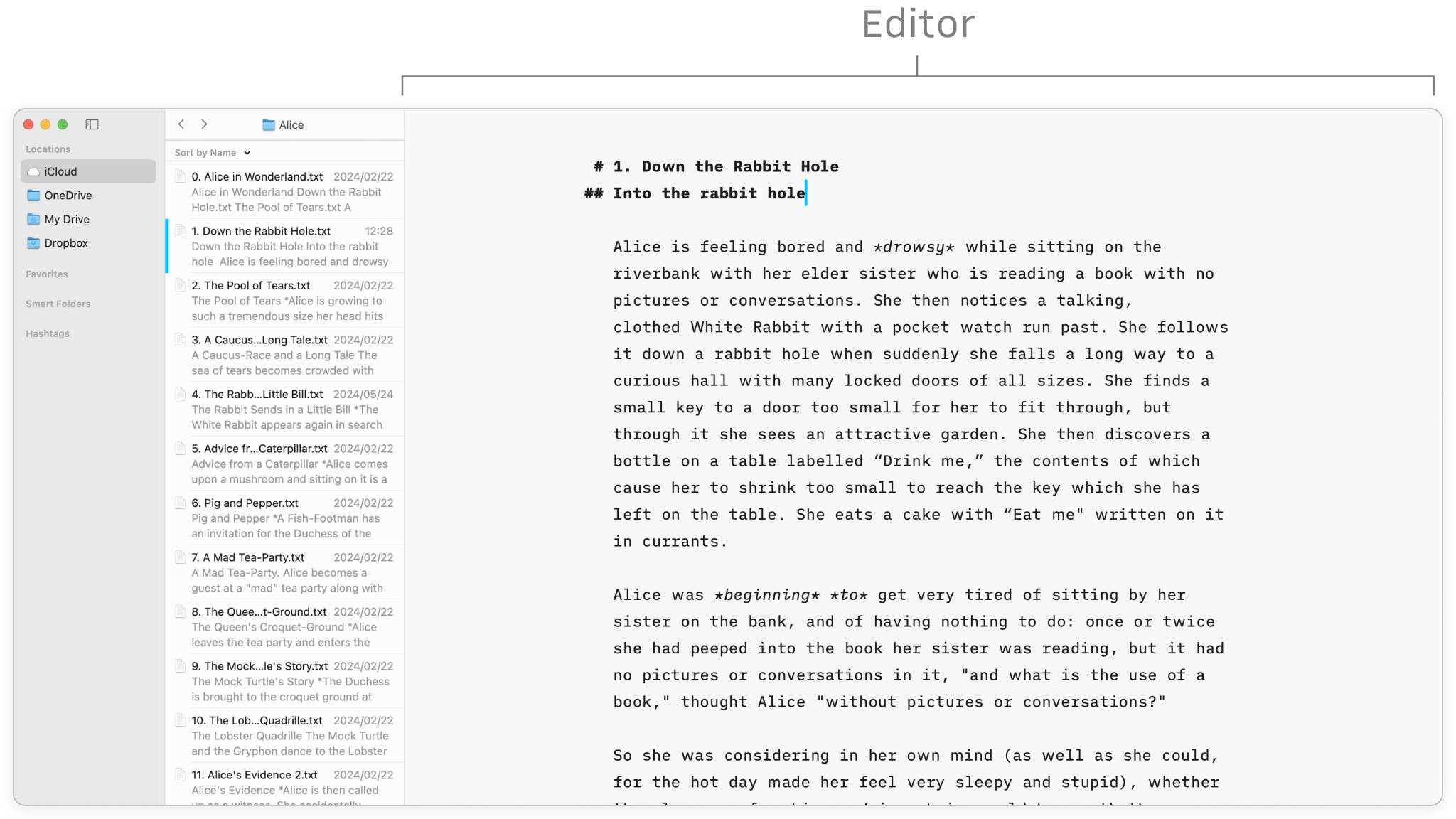 The Editor with some text inside as a placeholder. The Library is to the left.