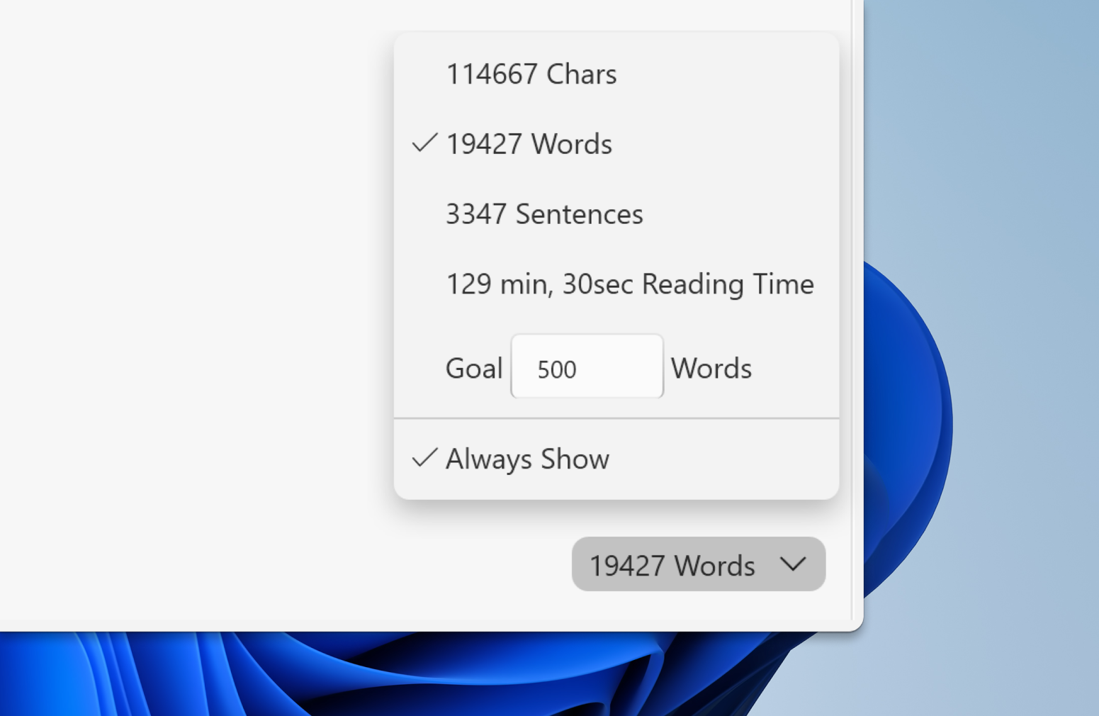 A screenshot of iA Writer's Editor showing the Stats expanded in the bottom-right corner for more details