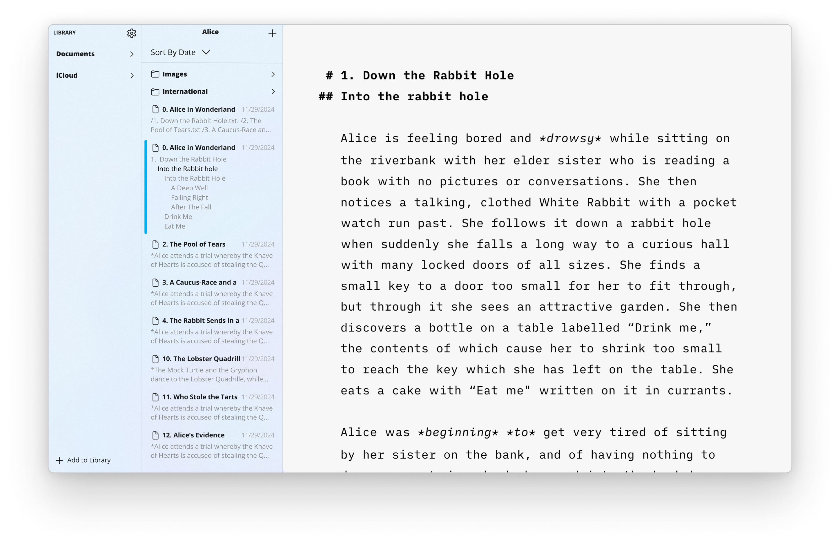 A screenshot of iA Writer for Windows 11 with the Editor and Library panel visible.