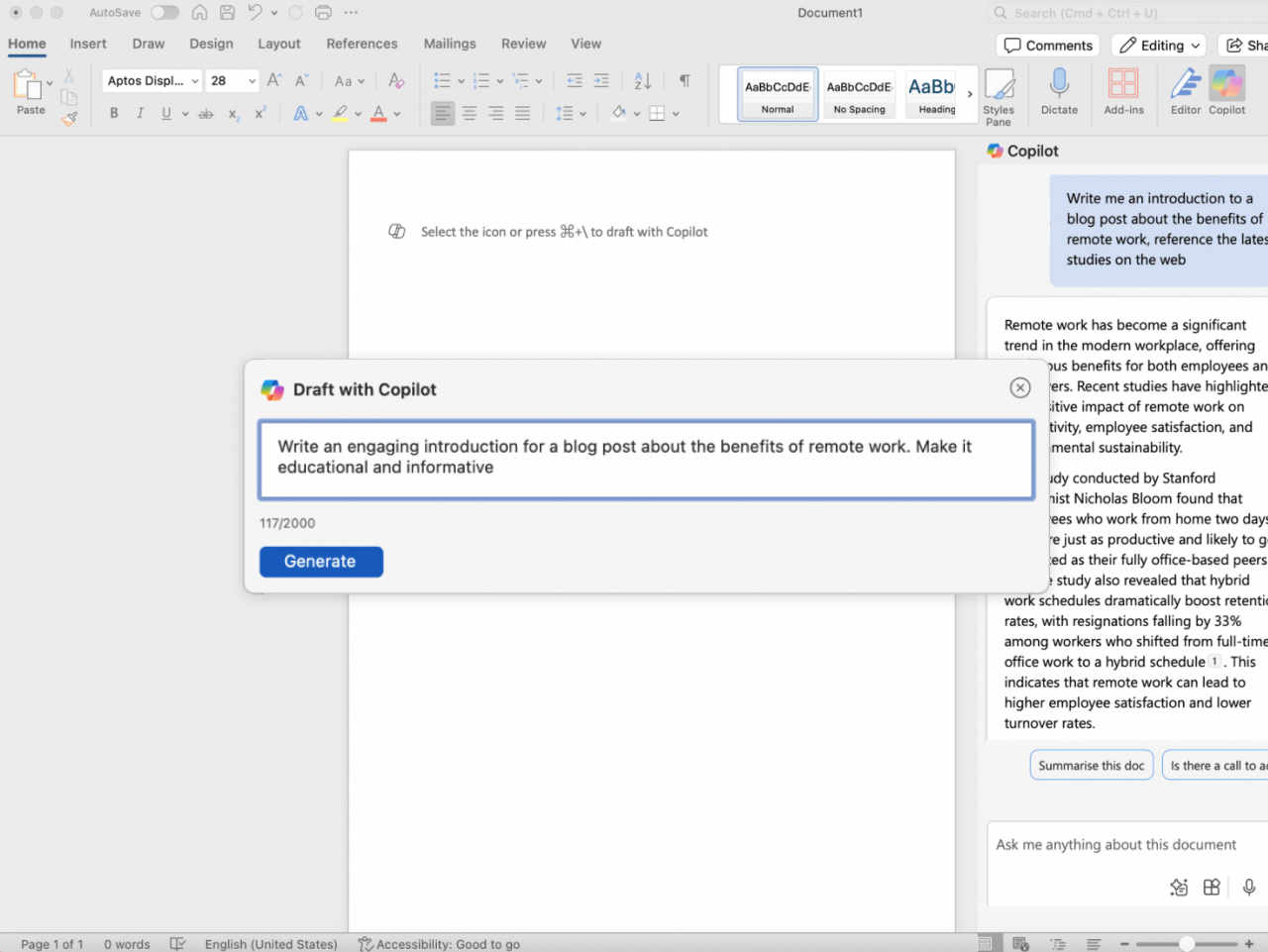 MS Word for Windows 2025 screen showing Copilot (AI) dialog overlay.