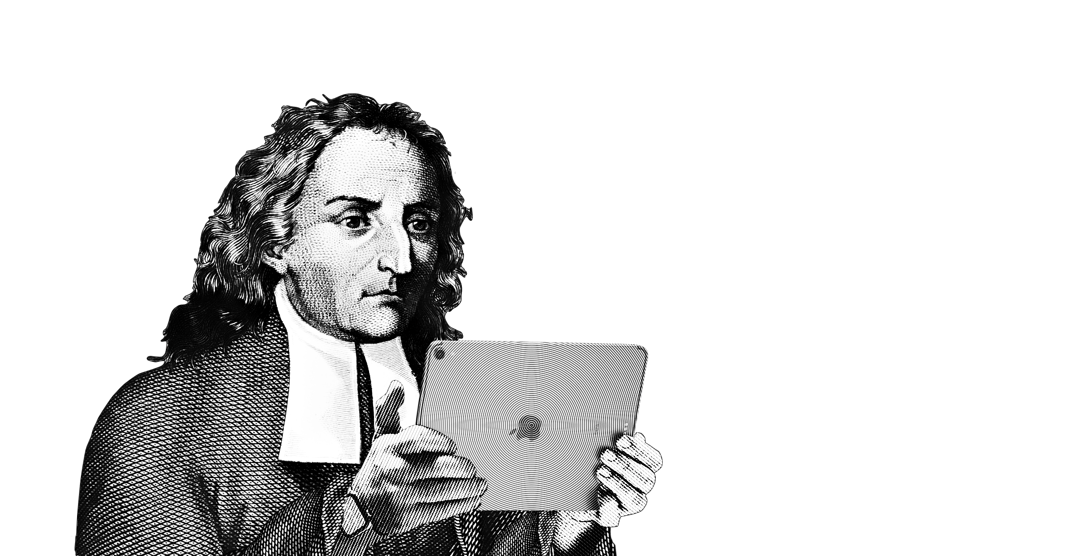 A black and white drawing showing Vico holding an iPad Pro.