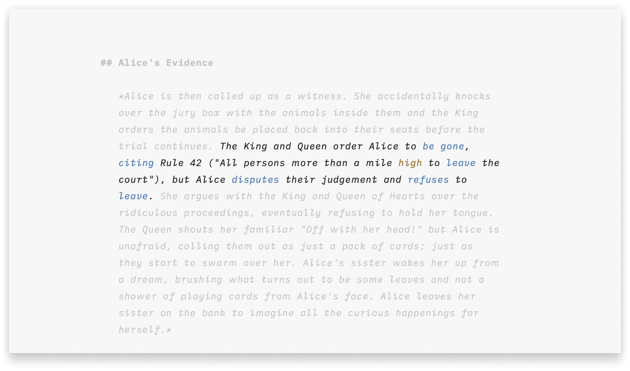 Screenshot of Writer with Syntax Highlight and Focus Mode enabled together