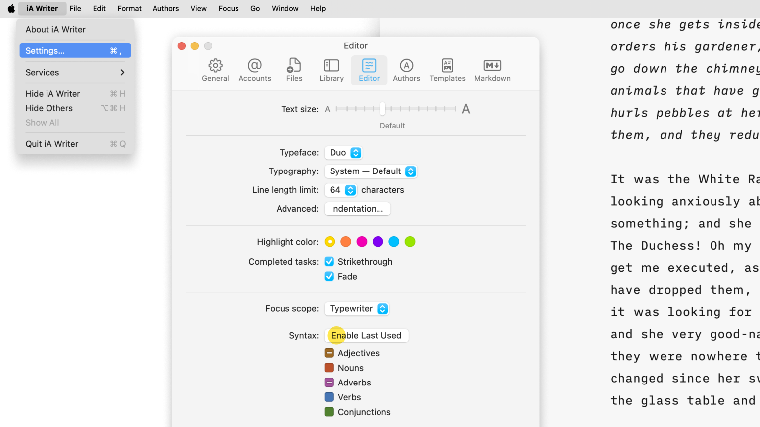 Screenshot of the menu bar of Writer showing how to access Syntax Highlight