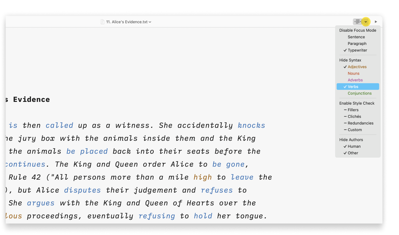 Screenshot of the Quick menu on the top left of the Toolbar to enable Syntax Highlight