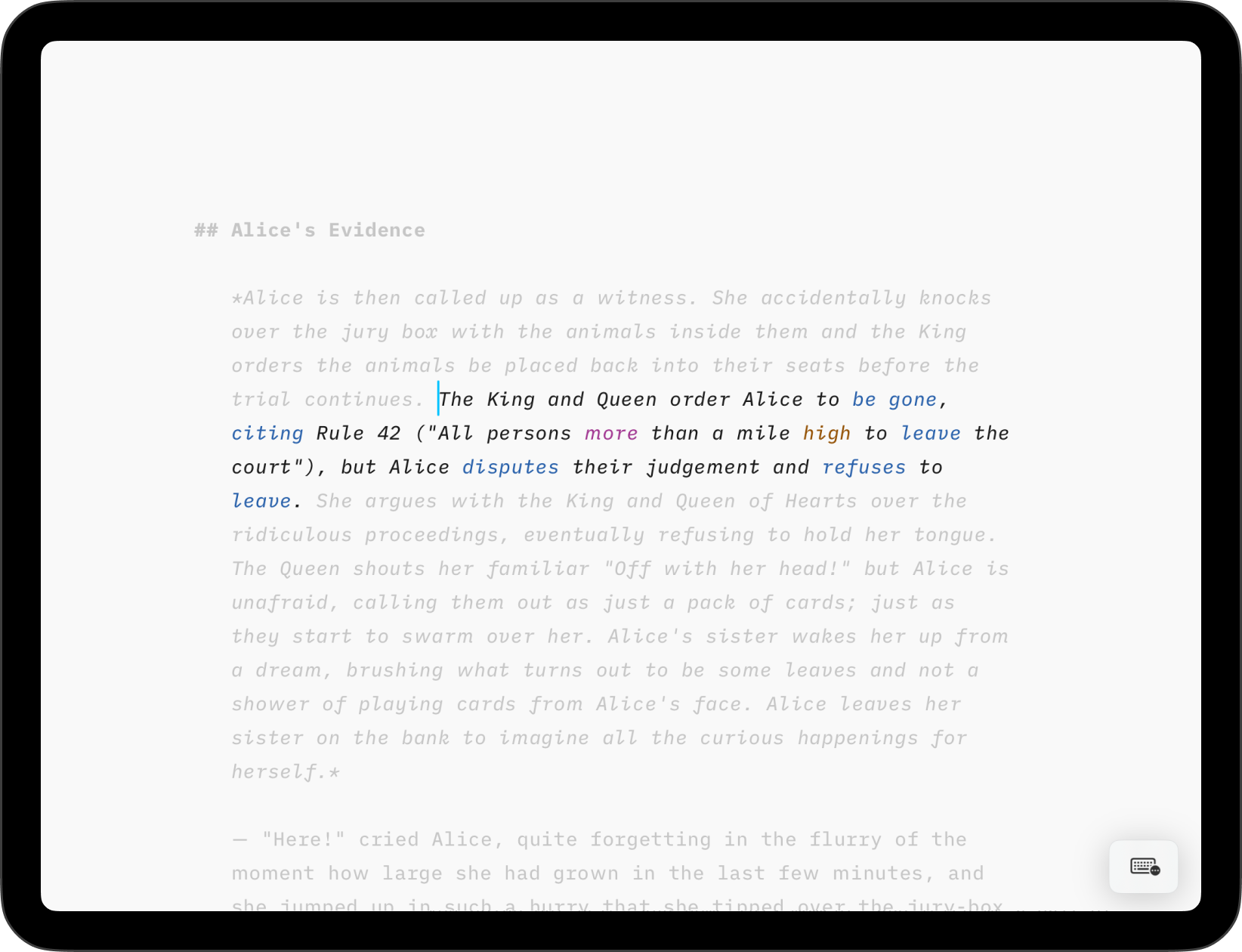 Screenshot of Writer with Syntax Highlight and Focus Mode enabled together