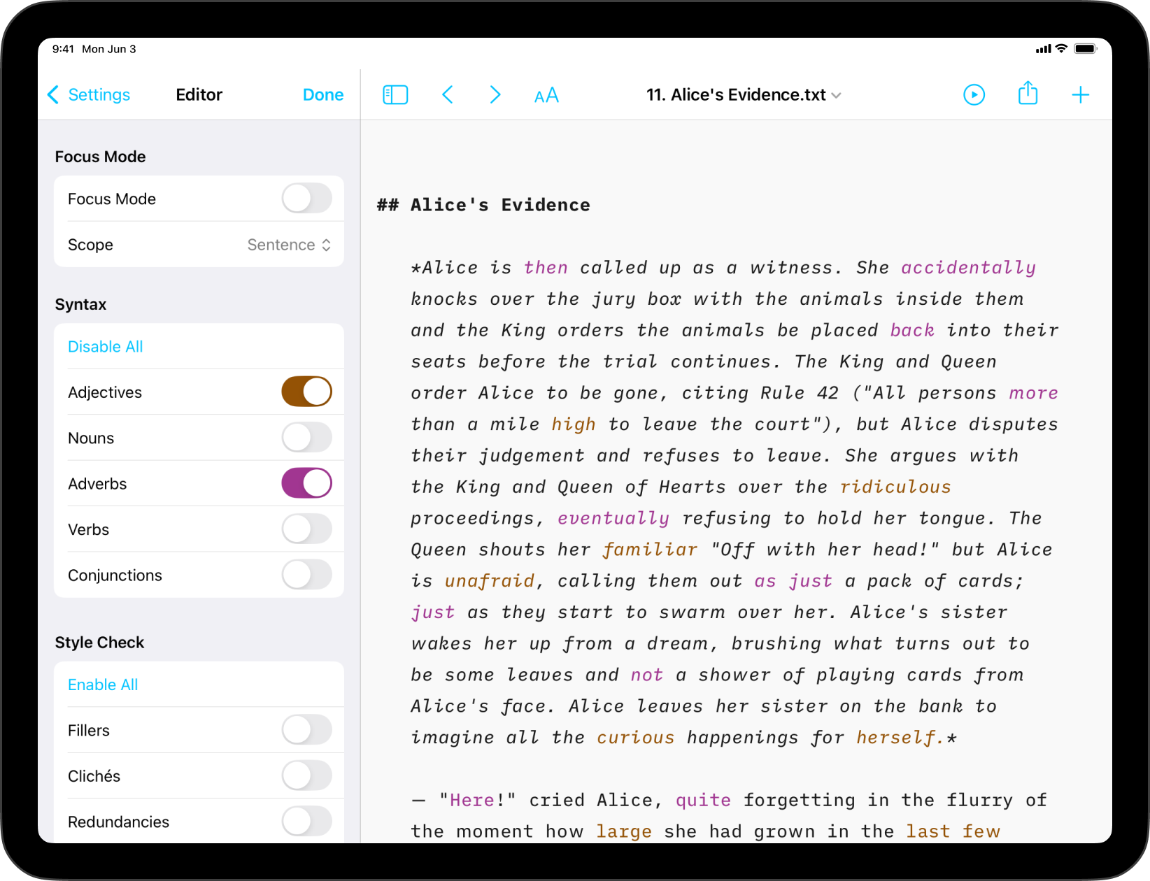 Screenshot of Writer with the Library panel open and Adjectives and Adverbs toggled on in Syntax Highlight.