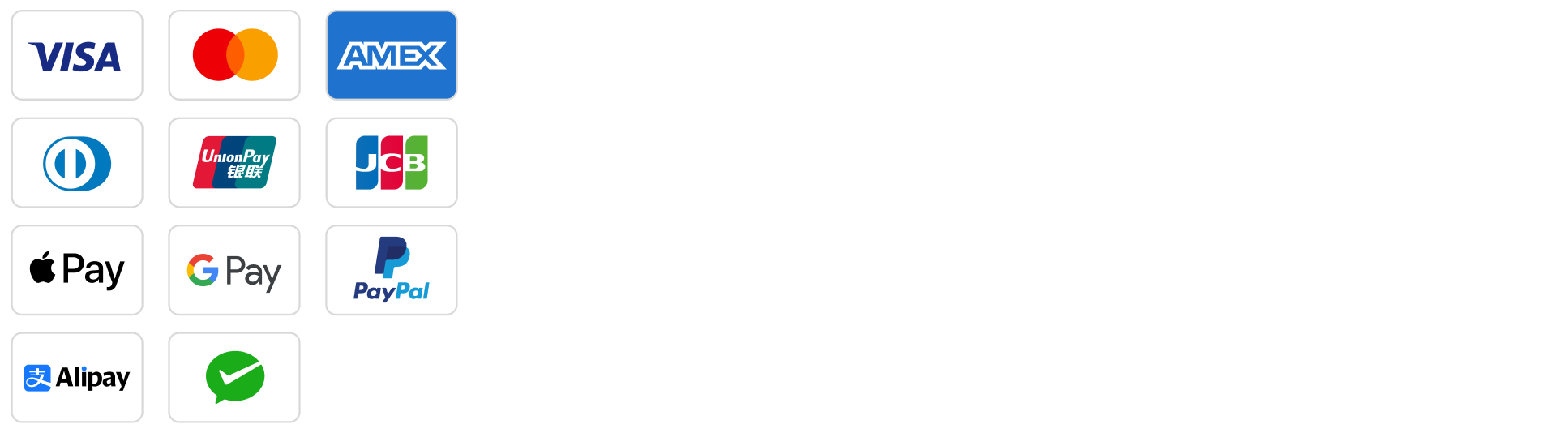 Logos of accepted payment methods for iA Presenter. Left to right, top to bottom: Visa, Mastercard American Express, Diners, China Union Pay and JCB, Apple Pay, Google Pay, Paypal, AliPay, and WeChat Pay
