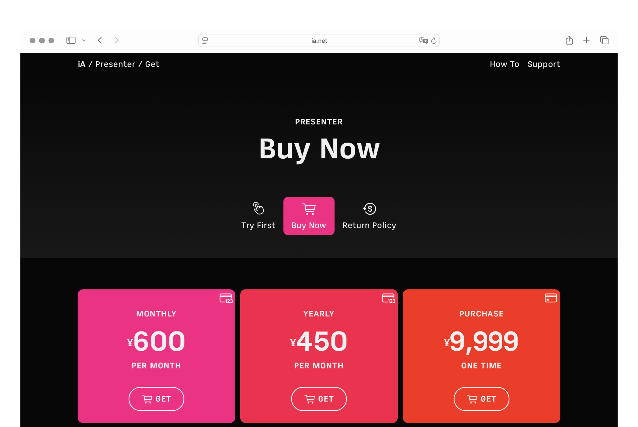 iA Presenter Buy page showing purchase and subscription options